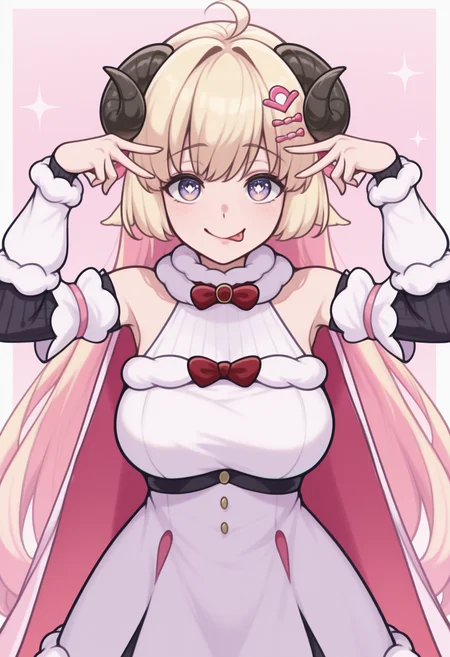 masterpiece, best quality, upper body, solo, 1girl, WtmBase, aihsnpose, smile, tongue out, double v, star-shaped pupils, horns, blonde hair, purple eyes, very long hair, ahoge, pink hair ornament, white fur-trimmed dress, short dress, red bowtie, detached sleeves, layered sleeves, bare shoulders, fur-trimmed cape, pink cape
<segment:yolo-Anzhc Face seg 640 v2 y8n.pt,0.4,0.5//cid=1>