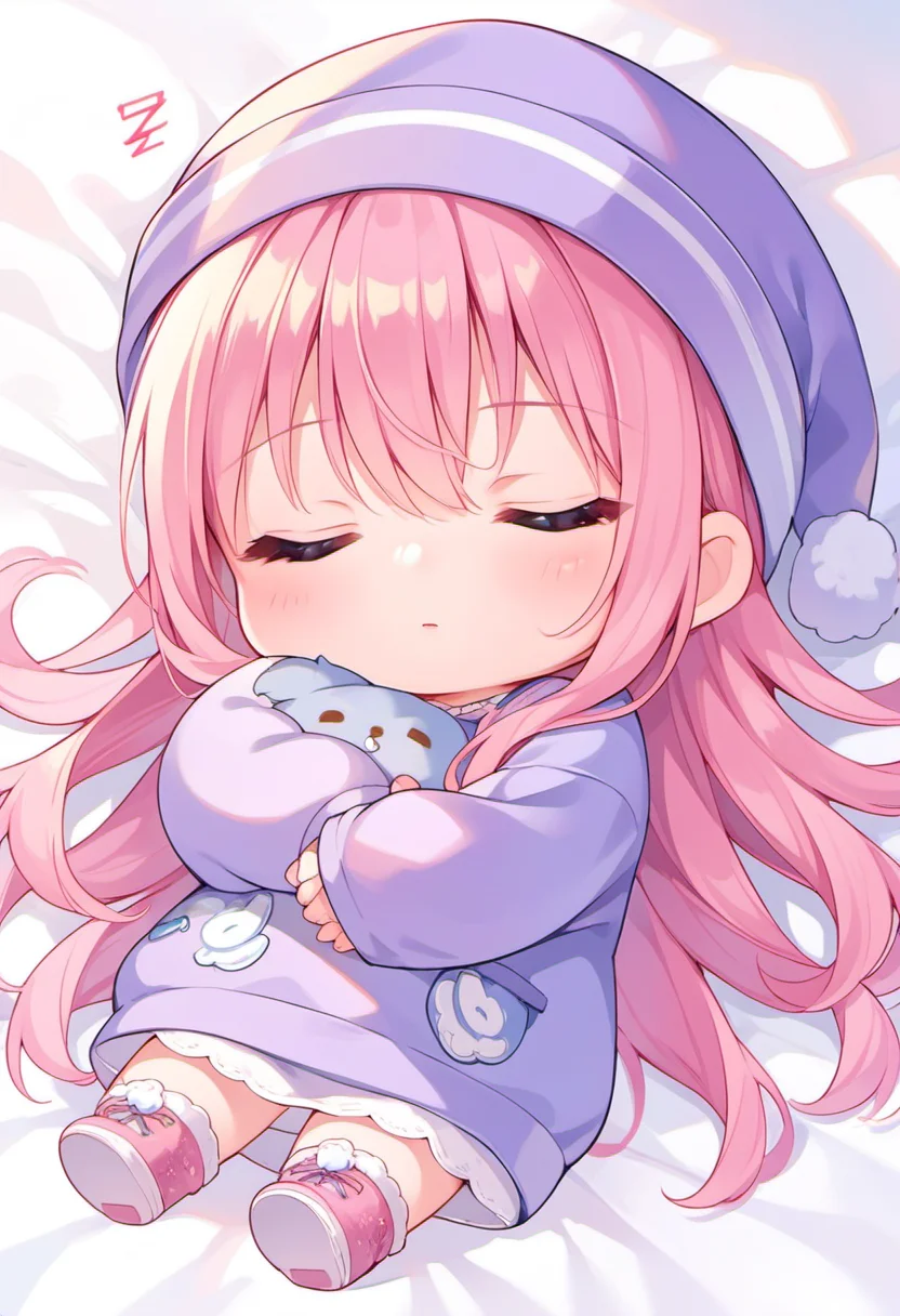 score_9, score_8_up, score_7_up, source_anime, (chibi), sleeping, zzz, purple nightcap