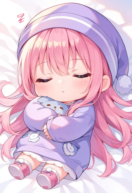 score_9, score_8_up, score_7_up, source_anime, (chibi), sleeping, zzz, purple nightcap