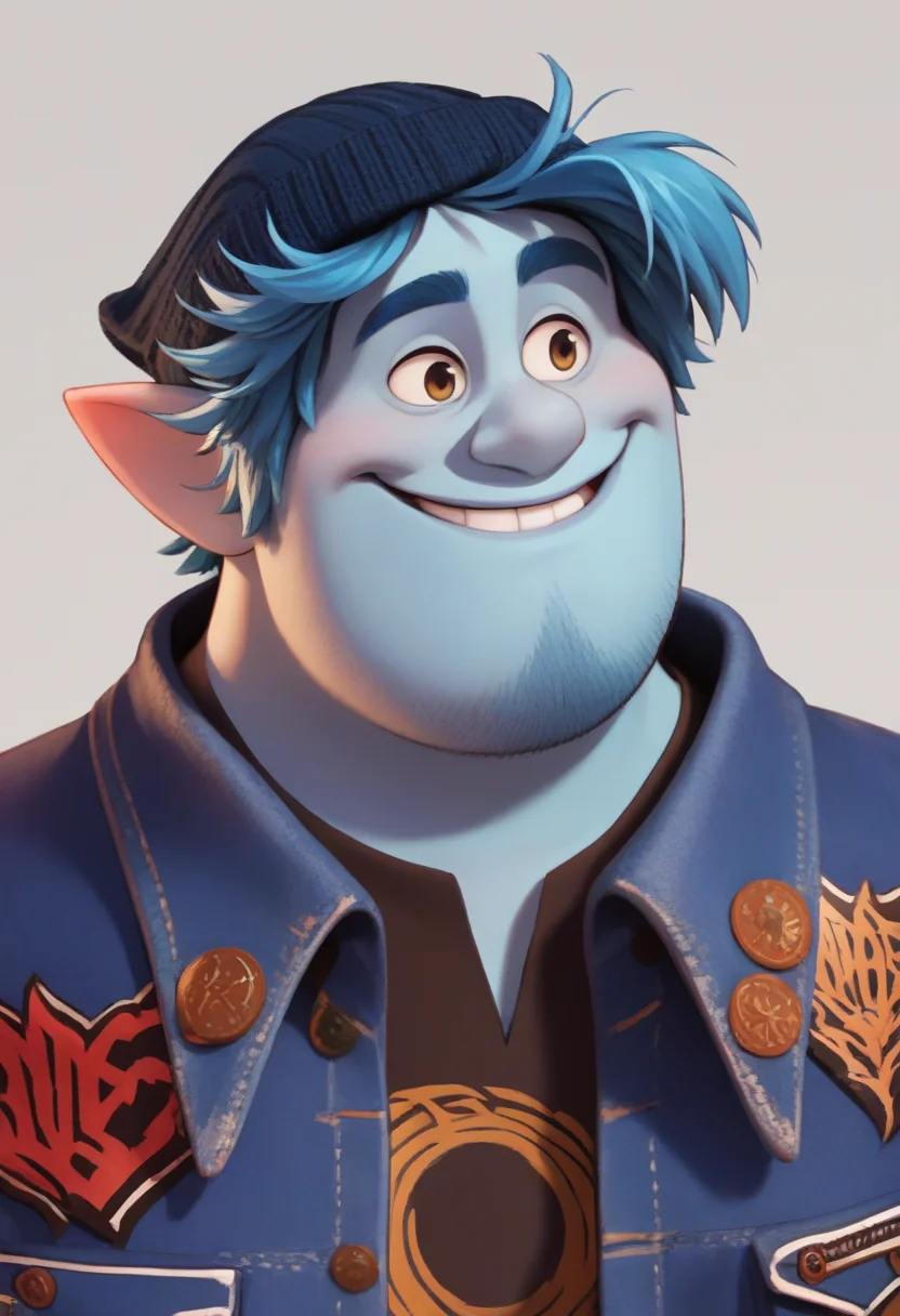 score_9, score_8_up, score_7_up, score_6_up, score_5_up, score_4_up, source_anime, solo, BarleyLightfoot, blue skin, facial hair, denim jacket, hat, smile, headshot, plain background, looking at the camera,
<lora:BarleyLightfootLoRA-PonyXL-05:1>