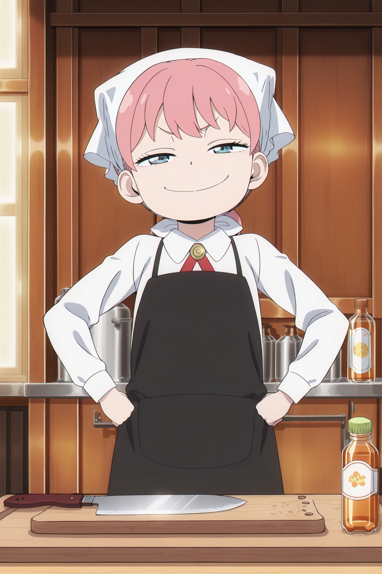 anime screencap, anime coloring, detailed face, masterpiece, best quality, very aesthetic, absurdres, volumetric lighting, official style, amazing quality, ultra detailed,  highres, amazing quality, scenery, beautiful detailed hair, beautiful detailed eyes,
<lora:Anya_Forger_Spy_x_Family:1>
<lora:StS-Illustrious-Detail-Slider-v1.0:4>
in a kitchen,
Anya cooking uniform (outfit), Anya Forger (character), 1girl, solo, apron, smile, pink hair, white shirt, hands on own hips, shirt, head scarf, black apron, looking at viewer, confident smug expression, neck ribbon, bottle, collared shirt, long sleeves, kitchen knife on table, wooden cutting board, food ingredients on table, cowboy shot