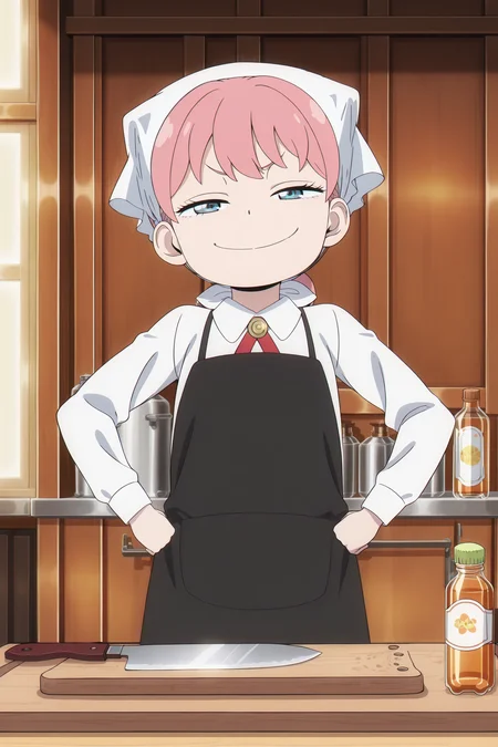 anime screencap, anime coloring, detailed face, masterpiece, best quality, very aesthetic, absurdres, volumetric lighting, official style, amazing quality, ultra detailed,  highres, amazing quality, scenery, beautiful detailed hair, beautiful detailed eyes,
<lora:Anya_Forger_Spy_x_Family:1>
<lora:StS-Illustrious-Detail-Slider-v1.0:4>
in a kitchen,
Anya cooking uniform (outfit), Anya Forger (character), 1girl, solo, apron, smile, pink hair, white shirt, hands on own hips, shirt, head scarf, black apron, looking at viewer, confident smug expression, neck ribbon, bottle, collared shirt, long sleeves, kitchen knife on table, wooden cutting board, food ingredients on table, cowboy shot