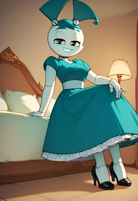 (Masterpiece, best quality:1.2), score_9, score_8_up, flat color, flat shading, soft shading, lighting, Jenny Wakeman as an adult, in a 1950's full length formal blue skirt, a white belt, button down v-neck formal black top, a fluffy frilly ruffled full white petticoat, and black high heels, dress, layered petticoat, frilly petticoat, fluffy petticoat, full petticoat, detailed petticoat ((wide skirt, detailed outfit, flowing skirt, long skirt, solid blue colored skirt, black high heels)), blue hair, series accurate, cute, best high quality, high res, robot, humanoid robot, medium breasts, whole body shot, 1girl, ((solo, inside, in a romantic bedroom, sitting on the bed, sitting, bent knees, looking at you, low angle)), cute, seductive, seductive smile, half lidded eyes, low angle shot, cartoon, cartoon style, vector, solo, circle dress, 1950s, whisperfoot_style, dance dress jenny, jenny wakeman, 1girl, solo, robot joints, black eyes, white skin, ponytail, hair bow, blue rose chest corsage, poofy dress, blue hair, flat lighting