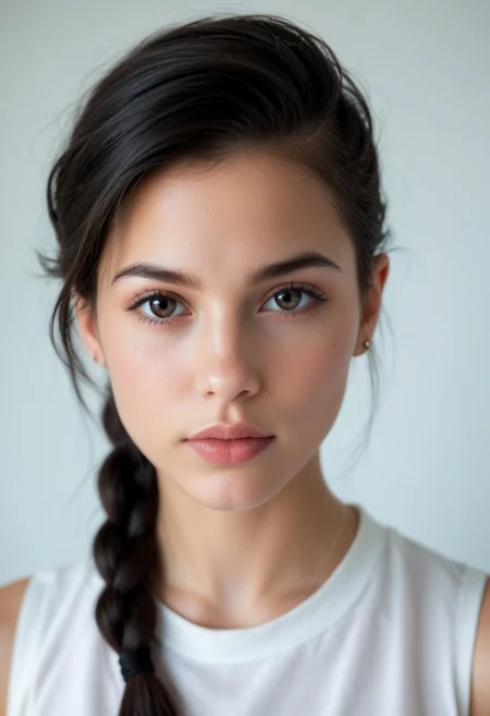 [score_9, score_8_up, score_7_up], (((realistic, realism, HD, perfect quality, 16k, very detailed, realistic lighting, photo, photorealistic))), (realistic detailed face), [18-year-old female], [extreme close-up shot], [petite], [standing at 4'11"], [delicate frame], [black hair, hair in a braided bun, undercut
