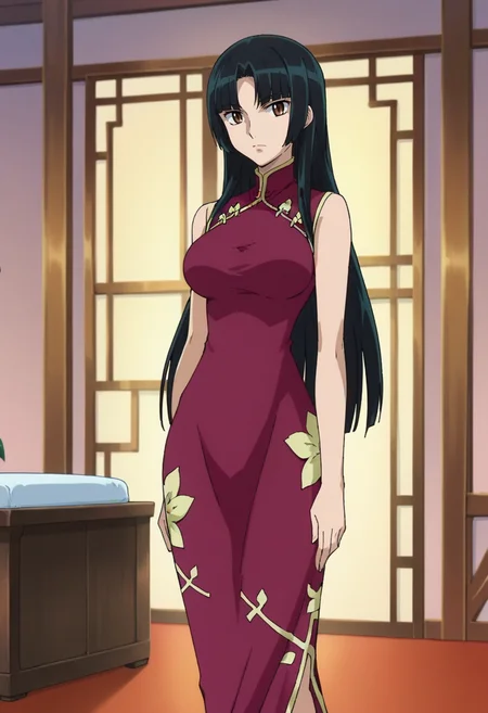 score_9,score_8_up,score_7_up,score_6_up,score_5_up,score_4_up,anime coloring BREAK source_anime,anime,<lora:Wang_Liu_Gundam00_Pony_v2:0.8>,liumeis2,1girl,solo,brown eyes,black hair,long hair,parted bangs,china dress,standing,indoors,