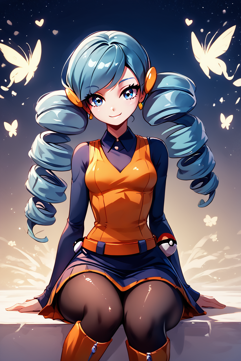 score_9, score_8_up, score_8, medium breasts, (curvy), cute, eyelashes,       ,,, , ,,, zzABW, blue hair, blue eyes, drill hair, orange vest, belt, skirt, black pantyhose, knee boots, scrunchie,  <lora:AceTrainerBW_Pokemon_PDXL:1.0>,  ,,,, BREAK, ,,, upper body, smile, looking at viewer, ,,, shiny skin, <lora:ProAnime_PDXL_v1:0.8>, night, soft shadows, moonlight reflecting off skin, whisper of wind, ,,, embedding:zPDXL, Expressiveh, <lora:SDXLFaeTastic2400:0.5>, <lora:Expressive_H-000001:0.4>,