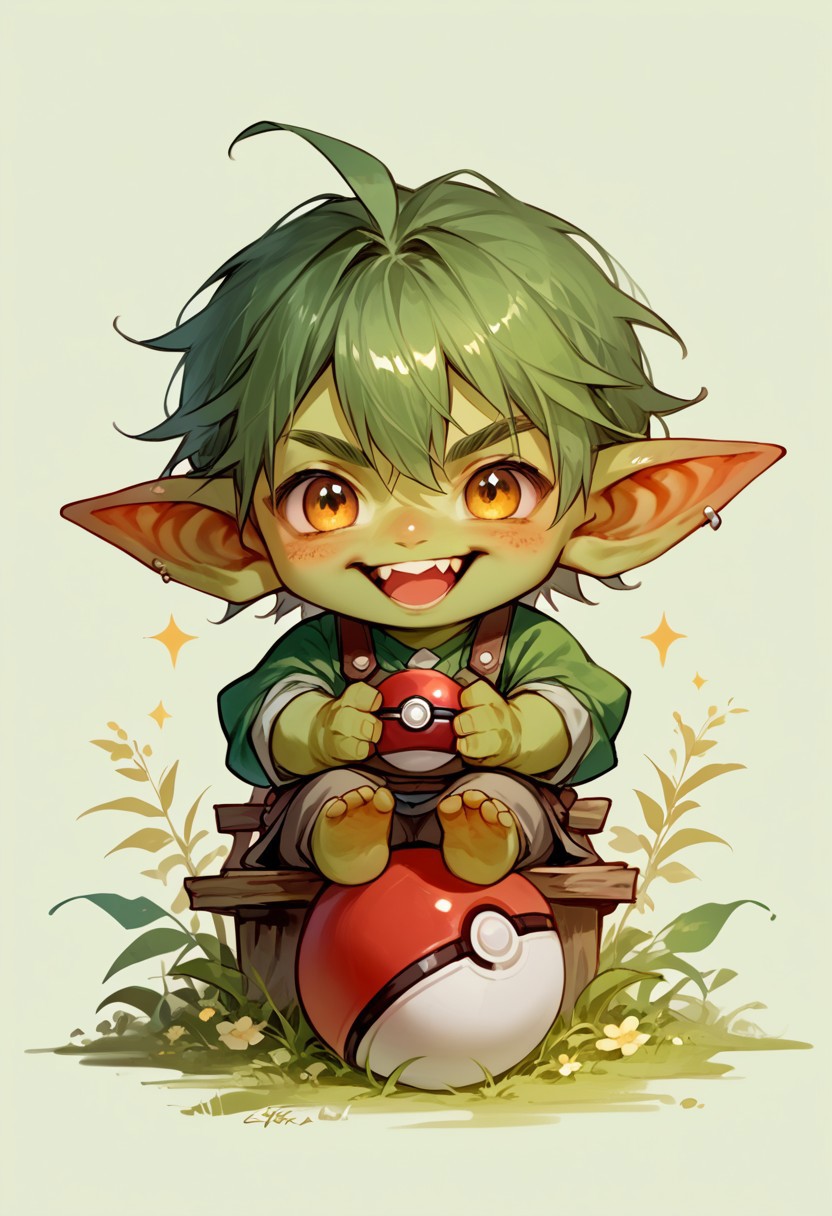score_9, score_8_up, score_7_up, source_anime, solo, goblin happy, sitting next to a large pokeball, (green skin tone, chibi body:1.3), simple background, (detailed image, high resolution, 5k resolution:1.0), (chibi art style:1.1)