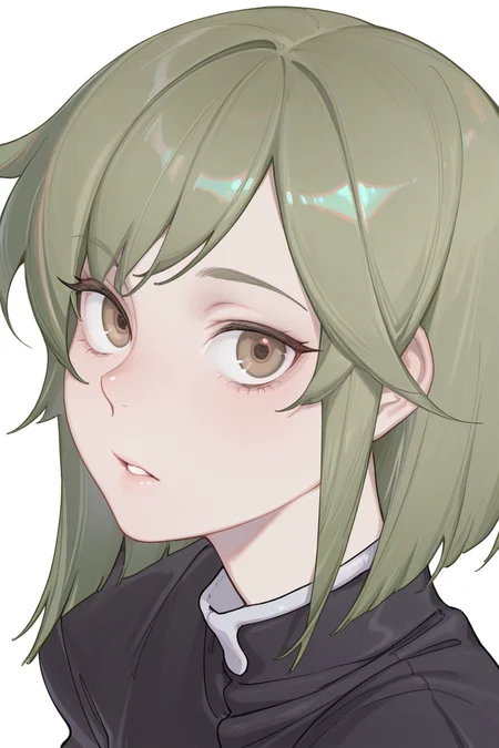 masterpiece, best quality, amazing quality,
 <lora:LLAM_IL:1> llam, solo, 1girl, white background, green hair, simple background, parted lips, short hair, looking at viewer, portrait, brown eyes, bangs, black jacket, jacket