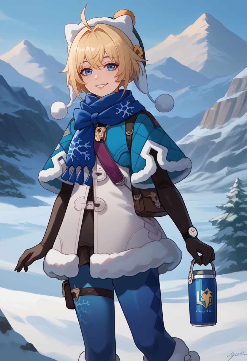 score_9, score_8_up, score_7_up, source_anime, 1girl, lynxlandaudef, 1girl, blue eyes, blonde hair, short hair, ahoge, hat, blue scarf, fur trim, fur-trimmed capelet, blue capelet, white jacket, winter clothes, blue pantyhose, snowflake print, black elbow gloves, watch, fur-trimmed boots, bag, can, standing, smile, looking at viewer, outdoors, snow, mountain, close-up, hand on hip, upper body, from behind, looking back, back, <lora:LynxLandau_v1-000010:1>