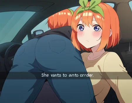 score_9, score_8_up, score_7_up, source_anime, <lora:yotsuba-nakano-s2-ponyxl-lora-nochekaiser:1>, yotsuba nakano, bangs, short hair, hair ribbon, hairband, orange hair, green ribbon, large breasts,, <lora:he-wants-to-order-ponyxl-lora-nochekaiser:1> he wants to order, he wants to order (meme), drive-thru, snapchat, side-view mirror, car interior, car seat, steering wheel, car interior, three quarter view, lying on person, selfie, 1boy, ass, pants,, blush,,