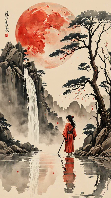 Watercolour paint effect, on partchment, Red moon, waterfall, japanese writing, ripples, sky, trees, reflection, mist, woman, <lora:Paint_Effects_SDXL_-_By_DICE:1>, Watercolour Paint Effect