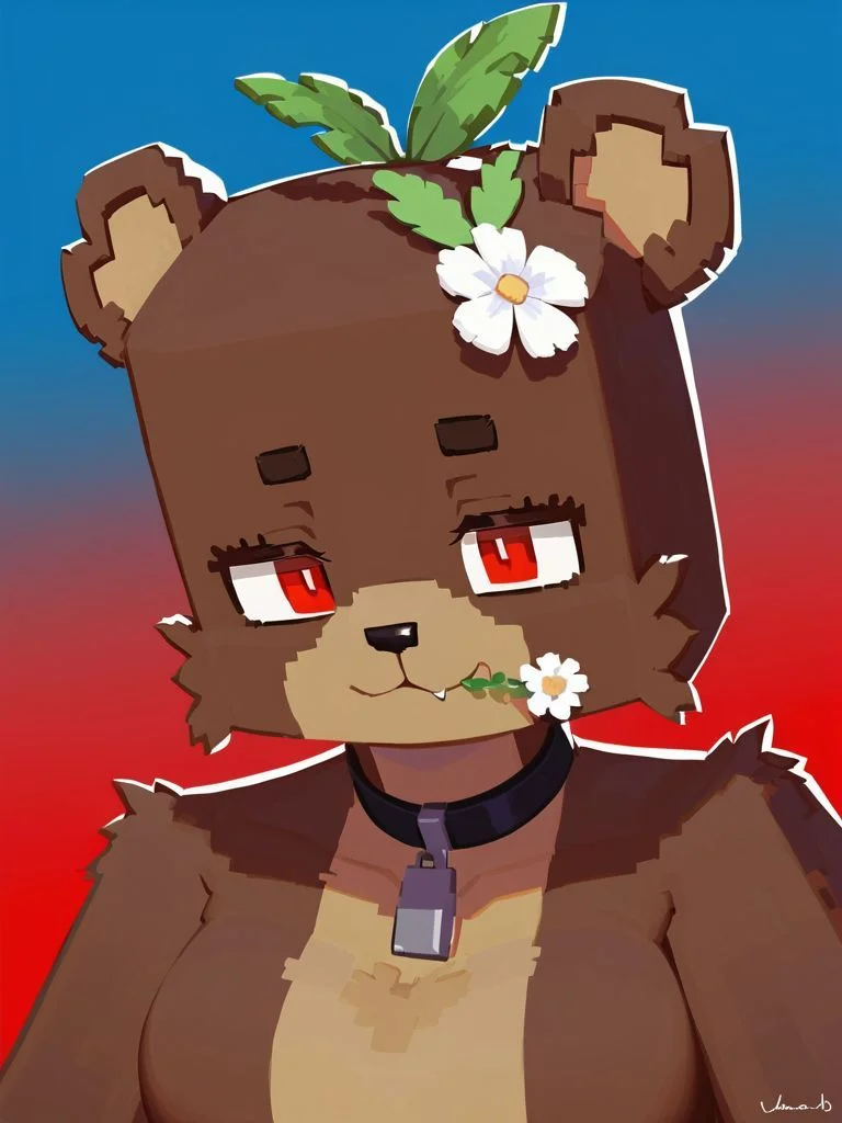 minecraft, score_9_up, score_8_up, furry female, bia, flower in hair, zipper mouth, teddy bear, solo, red eyes, muslin blazingyellow fair isle, hands-free, panorama, blue and red background gradient, <lora:y-Bia_SlipperyT:0.8>, ((art by Asbel Lhant))
