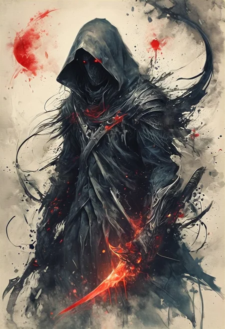 atmospheric scene, a dark hooded figure wearing a tattered cloak, armor can be glimpsed under cloak, (gripping a long ominous scythe with hand:1.5), The Hood obscures the face completely, evil red eyes glowing like fire within the hooded void, predominantly black and white with red, shades of gray adding depth and texture, The background is abstract, filled with wisps of shadows and splatters of ink, gusts of divine wind swirl around in faint shades of blue, mystery and foreboding that surrounds the figure. (The scythe though dark glows brightly), deadly sharpness, Niji, aidma-niji, ral-dissolve, (ink-style, ink_wash_painting),