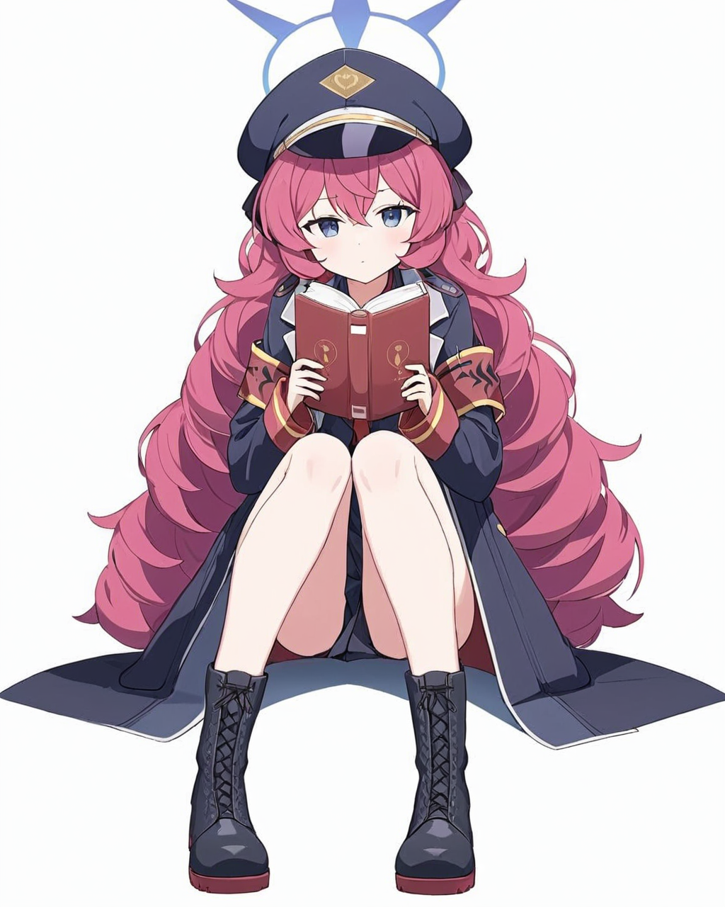 iroha \(blue archive\),1girl, solo, halo, simple_background, white_background, armband, boots, holding_book, hugging_own_legs, looking_at_viewer, peaked_cap, sitting, cross-laced_footwear, long_sleeves, black_headwear, black_footwear, full_body, closed_mouth, ribbon, black_skirt, military_hat, coat, black_jacket, uniform, military, military_jacket
<lora:iroha_(blue_archive)_image1923_2023-11-27-000012:1>halo. gorgeous,key visual, vibrant, studio anime,award-winning, professional, highly detailed,high budget, cinemascope