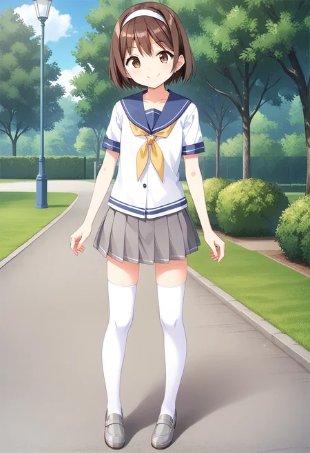 cowboy shot, standing, park, smile, full body, <lora:KC_01DD_tanikaze_pony-000032:1> tanikazekc, brown hair, short hair, white hairband, brown eyes, flat chest, tanikazedefkc, serafuku, blue sailor collar, white shirt, short sleeves, yellow neckerchief, grey skirt, miniskirt, white thighhighs, grey shoes,, score_9,score_8_up, score_7_up, source_anime, masterpiece, best quality, official art, official style, game cg, megami magazine, rating_safe, rating_questionable, NEGATIVE_HANDS, <lora:DetailedPerfect_hands_r1:1>