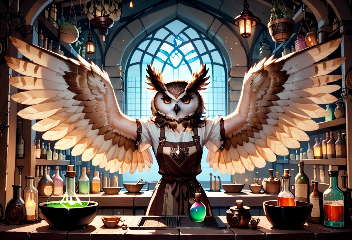 a 35mm photography of a beautiful woman, she is an owl-human hybrid, she works as an alchenist, she is in a dimly lit disorganised and dirty ancient wooden alchemy laboratory, she is wearing a grubby white blouse, brown leather trousers , brown leather apron, she has protective goggles on her forehead, potion brewing in a cauldron over a fire, shelves lined with mysterious colourful potions, her arms and hands are owl wings
owlfolk, wingarms, winged arms