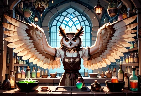 a 35mm photography of a beautiful woman, she is an owl-human hybrid, she works as an alchenist, she is in a dimly lit disorganised and dirty ancient wooden alchemy laboratory, she is wearing a grubby white blouse, brown leather trousers , brown leather apron, she has protective goggles on her forehead, potion brewing in a cauldron over a fire, shelves lined with mysterious colourful potions, her arms and hands are owl wings
owlfolk, wingarms, winged arms