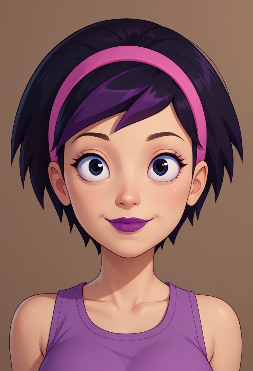 ((bedroom background)),score_9, score_8_up, score_7_up,score_6_up, 
1girl, Solo, RoxyW_CC, light skin, black hair with a purple streak, short hair, black eyes, pink headband, purple lips, violet sleeveless blouse, purple short skirt, white belt, pink sneakers, big eyes, medium stature, social smile, sexy face, close-up, face photo, perfect eyes, perfect smile, looking at the viewer, big breasts, detailed eyes, perfect eyes