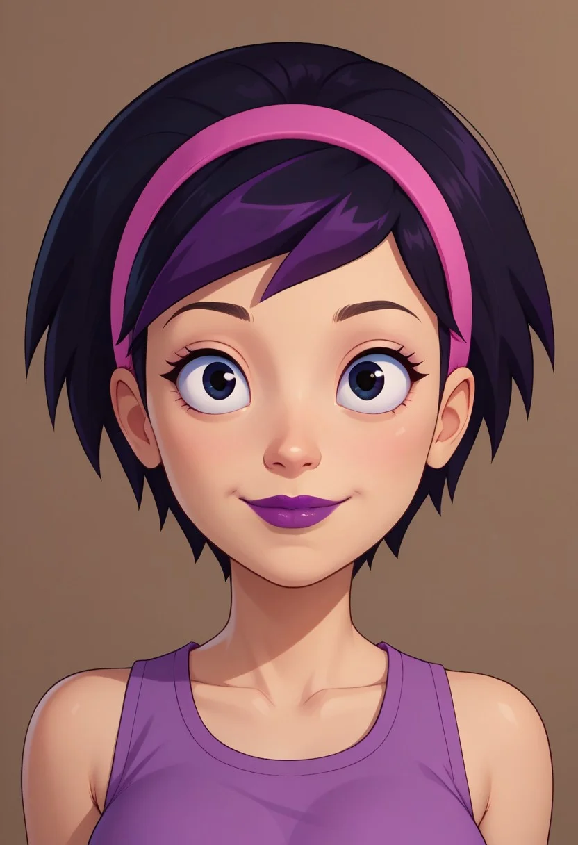 ((bedroom background)),score_9, score_8_up, score_7_up,score_6_up,
1girl, Solo, RoxyW_CC, light skin, black hair with a purple streak, short hair, black eyes, pink headband, purple lips, violet sleeveless blouse, purple short skirt, white belt, pink sneakers, big eyes, medium stature, social smile, sexy face, close-up, face photo, perfect eyes, perfect smile, looking at the viewer, big breasts, detailed eyes, perfect eyes