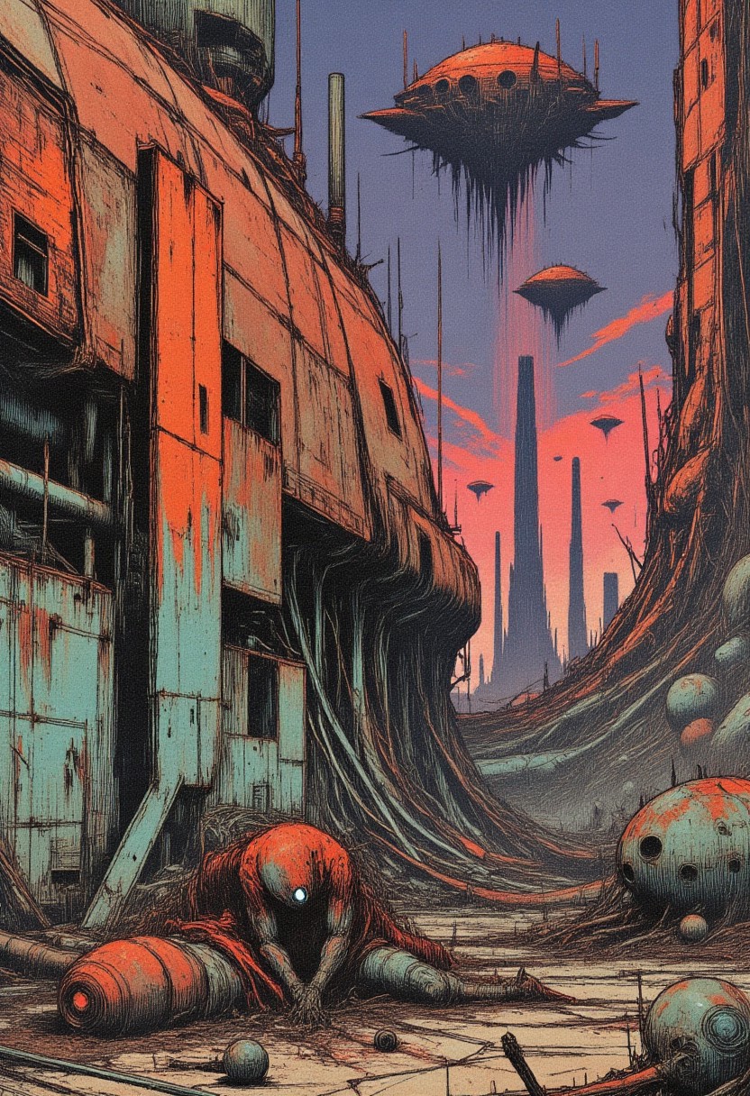 A weary android slumps against the corroded hull of a derelict tank, its once-shining plating dulled by age, pitted and scraped by years of abandonment. The scene unfolds in a vast scrapyard under a dusky sky, where towers of crushed machinery and shattered vehicles rise like monuments to forgotten ambition. The android's glowing eyes cast a faint, sorrowful light, reflecting resilience more than defeat. One hand is maimed—fingers torn away, frayed wires curling out like nerves exposed. The ground is littered with rust flakes, broken glass, and ancient wiring, while above, garbage drones silently circle, scanning the ruins for salvage.The atmosphere hums with quiet melancholy, a stillness broken only by the occasional mechanical flutter or creaking metal. The color palette is vivid yet grim—stained copper, burnt orange, oxidized teal, and tired steel blues—rendered with painterly textures and fine linework. Close-up composition captures the android’s contemplative pose, emphasizing its expressive face and damaged hand. Illustrated in a traditional pen-and-ink narrative style, with hand-drawn textures, cross-hatching, and subtle sepia undertones, echoing the works of Edward Gorey, Arthur Rackham, and Richard Doyle.
A surreal, post-industrial portrait blending sci-fi melancholy with vintage gothic illustration, best quality, hyperdetailed, emotional, textured, dramatic, and timeless.