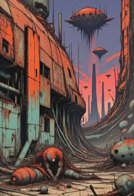 A weary android slumps against the corroded hull of a derelict tank, its once-shining plating dulled by age, pitted and scraped by years of abandonment. The scene unfolds in a vast scrapyard under a dusky sky, where towers of crushed machinery and shattered vehicles rise like monuments to forgotten ambition. The android's glowing eyes cast a faint, sorrowful light, reflecting resilience more than defeat. One hand is maimed—fingers torn away, frayed wires curling out like nerves exposed. The ground is littered with rust flakes, broken glass, and ancient wiring, while above, garbage drones silently circle, scanning the ruins for salvage.The atmosphere hums with quiet melancholy, a stillness broken only by the occasional mechanical flutter or creaking metal. The color palette is vivid yet grim—stained copper, burnt orange, oxidized teal, and tired steel blues—rendered with painterly textures and fine linework. Close-up composition captures the android’s contemplative pose, emphasizing its expressive face and damaged hand. Illustrated in a traditional pen-and-ink narrative style, with hand-drawn textures, cross-hatching, and subtle sepia undertones, echoing the works of Edward Gorey, Arthur Rackham, and Richard Doyle.
A surreal, post-industrial portrait blending sci-fi melancholy with vintage gothic illustration, best quality, hyperdetailed, emotional, textured, dramatic, and timeless.