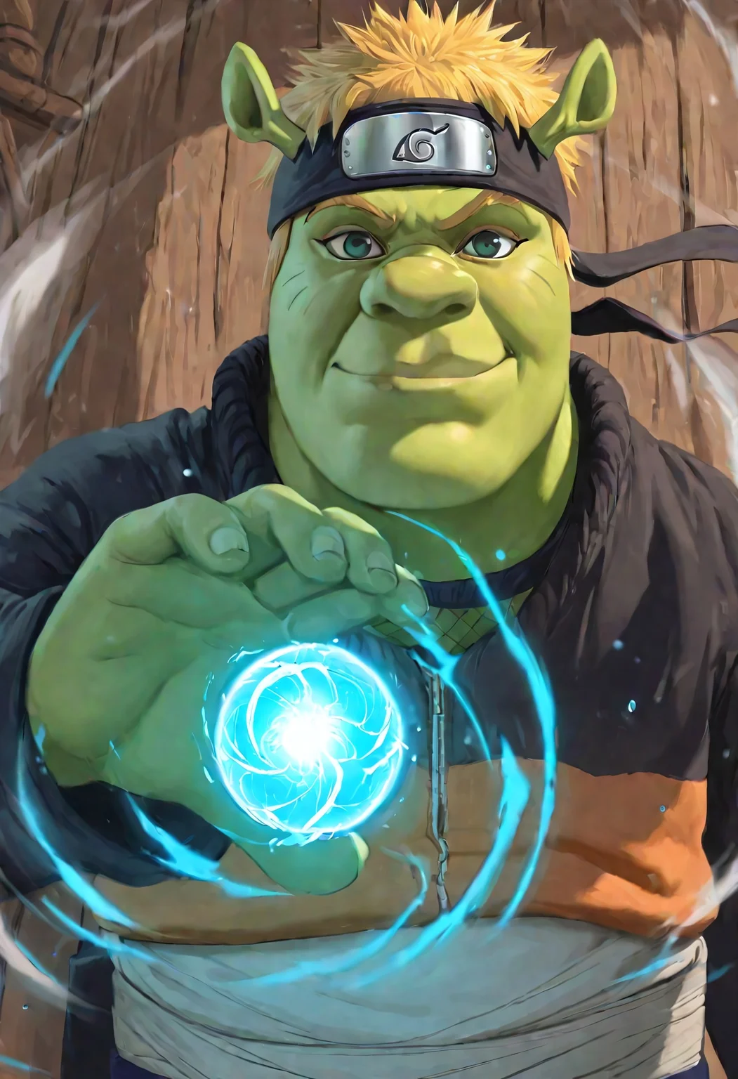 Masterpiece, absurdres, best quality, highly detailed, 1boy, solo, shrek, green skin, blonde hair, naruto uzumaki, shrek ears, naruto headband, rasengan, rasengan, blue energy ball:0.4 ,rasengan pose, wind effect, ball on hand, looking at viewer, smiling, naruto clothes, detailed background