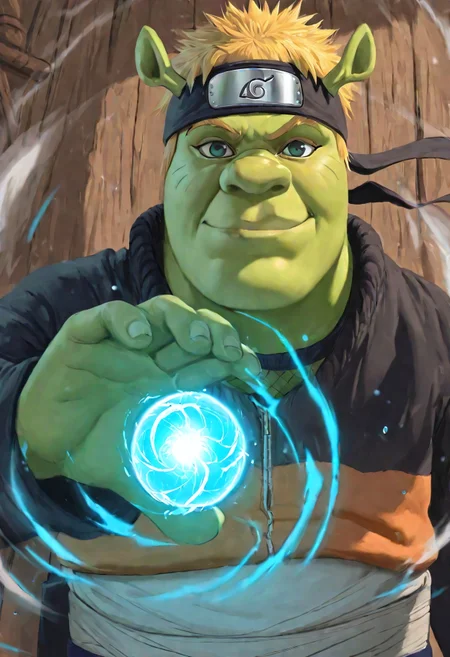 Masterpiece, absurdres, best quality, highly detailed, 1boy, solo, shrek, green skin, blonde hair, naruto uzumaki, shrek ears, naruto headband, rasengan, rasengan, blue energy ball:0.4 ,rasengan pose, wind effect, ball on hand, looking at viewer, smiling, naruto clothes, detailed background