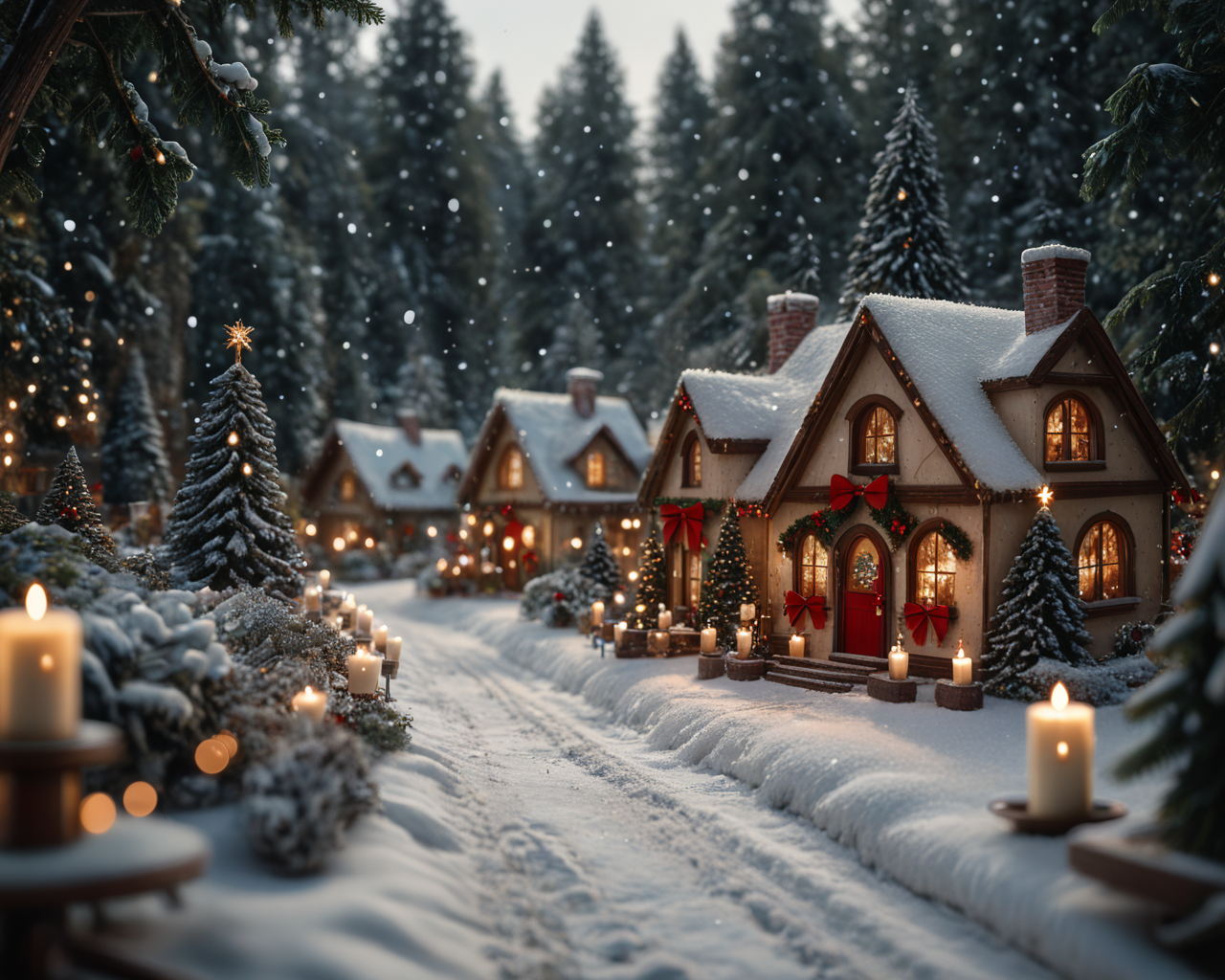 score_6_up,score_5_up,score_4_up, masterpiece, best quality, very aesthetic, life-like, depth of field, detailed textures, bright colors, natural light, ultra HD, fine details, soft background blur, <lora:Wolvies_Christmas_Village_STYLE_v241215.0040:1> xmas_village, holiday, Christmas, scenery, night, winter, Christmas tree, lamppost, a small village at night, at Christmas time, with candles in the windows, snow covered, falling snow, cozy look at feel, cheery, incredible quality, highly realistic, incredible detail, 32k, complex, photographic quality, masterpiece, best quality, very aesthetic,, Albumen print, depth of field, tilt shift, cottage, storybook architecture, Thomas Kinkade style, tilt shift photography, shimmering lights, brilliant colors