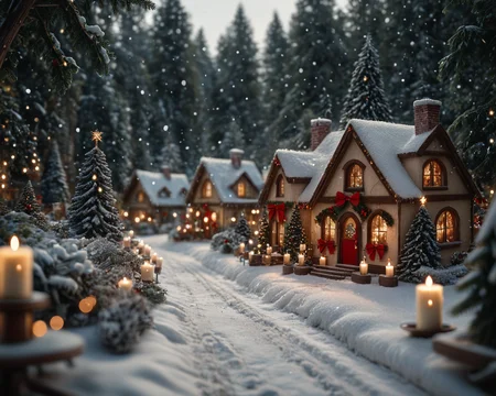 score_6_up,score_5_up,score_4_up, masterpiece, best quality, very aesthetic, life-like, depth of field, detailed textures, bright colors, natural light, ultra HD, fine details, soft background blur, <lora:Wolvies_Christmas_Village_STYLE_v241215.0040:1> xmas_village, holiday, Christmas, scenery, night, winter, Christmas tree, lamppost, a small village at night, at Christmas time, with candles in the windows, snow covered, falling snow, cozy look at feel, cheery, incredible quality, highly realistic, incredible detail, 32k, complex, photographic quality, masterpiece, best quality, very aesthetic,, Albumen print, depth of field, tilt shift, cottage, storybook architecture, Thomas Kinkade style, tilt shift photography, shimmering lights, brilliant colors