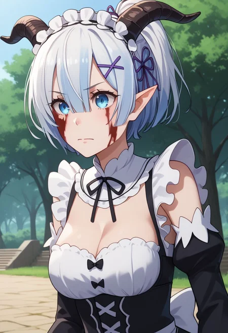 score_9, score_8_up, score_7_up, BREAK <lora:Miavt-10:1> MiavtSDXL, 1girl, solo, short hair, blue eyes, hair between eyes, medium breasts, ponytail, white hair, black horns, pointy ears, goat horns, double pigtail, BREAK close up BREAK dressed like Rem, outdoors, park, from below, stern, roswaal mansion maid uniform, blood on face, cleavage, ribbon, maid, upper body, ((white hair))