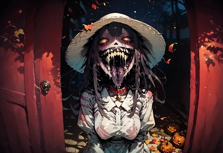 safe_pos, score_9, score_up_8, masterpiece, best quality, explicit,
hasshaku-sama, mature woman, large woman, tall woman, sagging breast, enormous breast, long hair, black hair, horror (theme), collar bone, bony body, skinny, anorexic, fall season, trees, red yellow and orange leaves, falling leaves, night, Expressiveh,
teeth, tongue, open mouth, horror, blood, (((stiches, scars))), black tongue, very long tongue, black tears, full body, tr1ck0rtr3at, holding, halloween bucket, doorway, street background, white bloodstained dress, white sunhat, covered breasts