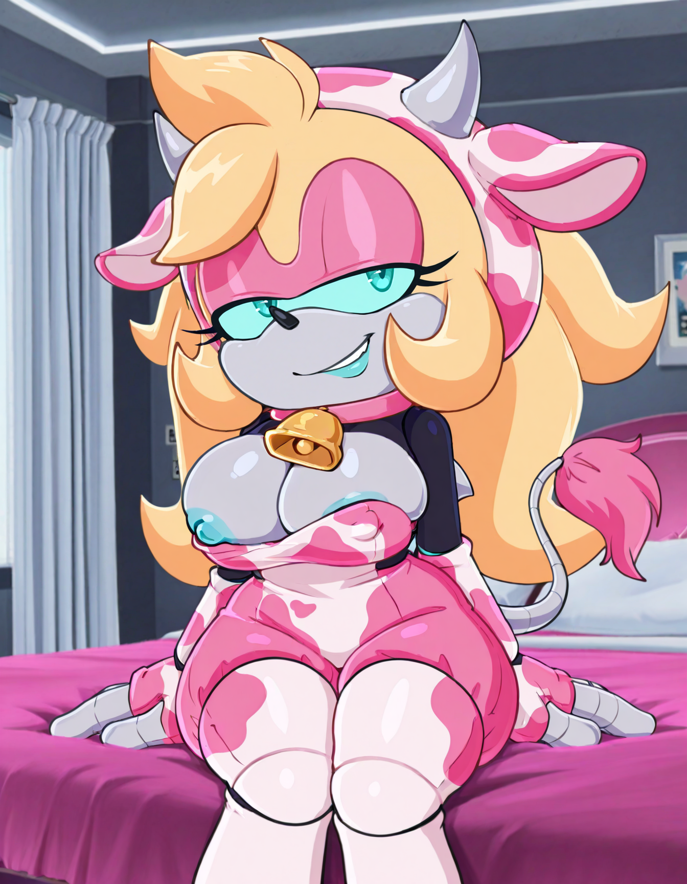 masterpiece, best quality, amazing quality, very aesthetic, absurdres, scenery, solo, sonic (series), sonicchann3l, flatsc, Rebel the Hedgebot, blonde hair, grey skin, blue sclera, robot joints, onesie, pink cow print, bell, cow tail, white thighhighs, horns, neck bell, cleavage, nipple slip, pink collar, on bed, bedroom, smirk, dynamic angle<lora:Rebel_The_Hedgebot_IL_V2_ADAMW8:0.9>   <lora:bonsoirdude-sc25-il-9:0.9>