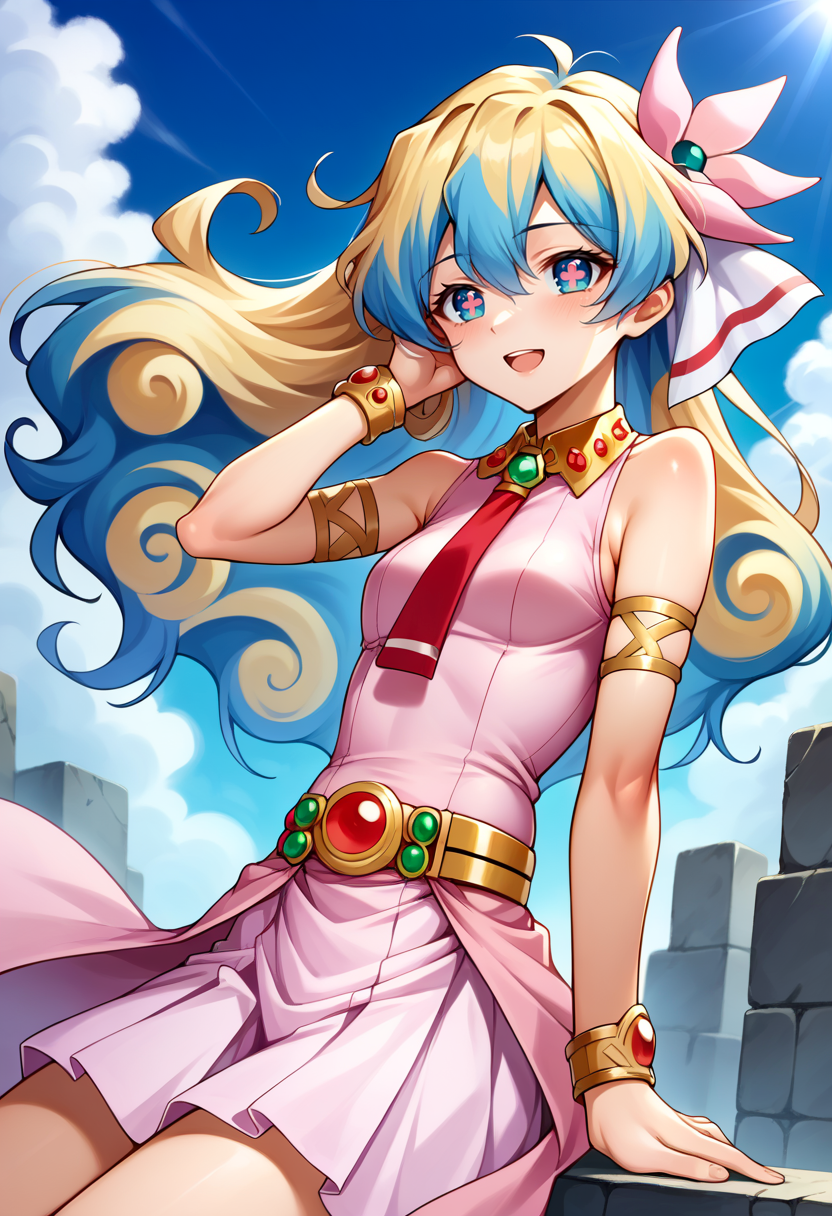 score_9, score_7_up, source_anime, BREAK blue sky, open mouth, :o, smile, hand in own hair, (floating hair:1.3), facing away, sitting, <lora:NiaS1:1>  nias1, 1girl, blue eyes, symbol-shaped pupils, long hair, blonde hair, blue hair, two-tone hair, small breasts, skirt, hair ornament, Pink dress, jewelry, hair flower, sleeveless dress, red necktie, bracelet, armlet, belt,