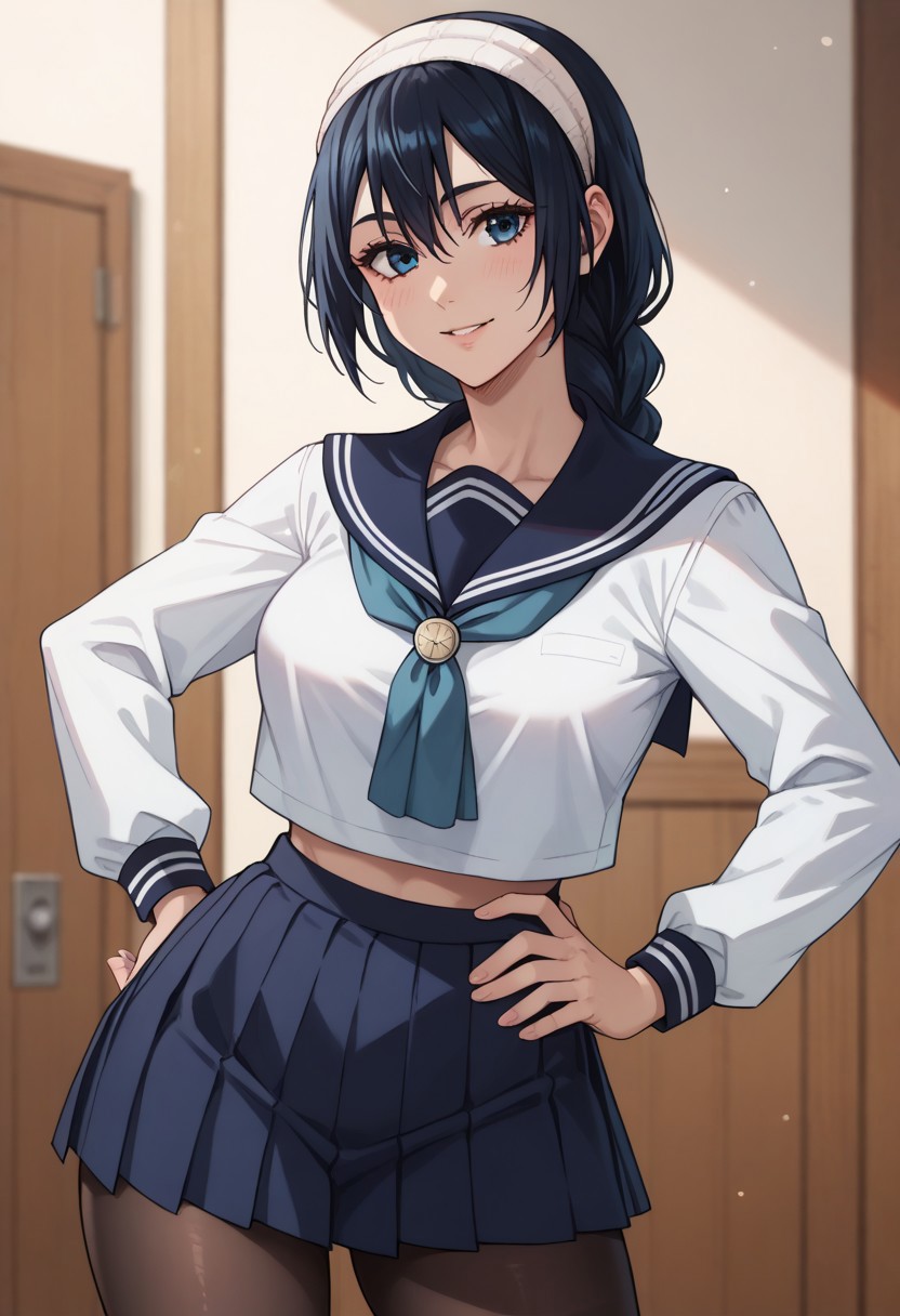 anime artwork, score_9, score_8_up, score_7_up, score_6_up, score_5_up, solo, 20 year old, perfect beautiful face, long eyelashes, (room), medium breasts, wide hips, hips,,1 girl, riko, black hair, braid, blue eyes, headband, school uniform, blue sailor collar, white serafuku, blue pleated skirt, black pantyhose, smile, looking at the viewer, hand on hip