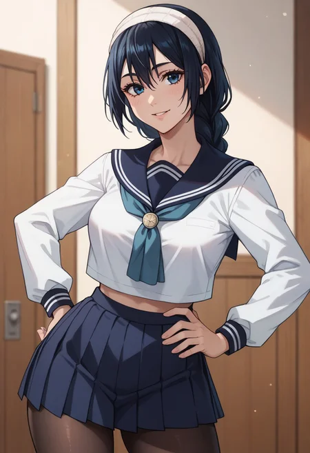 anime artwork, score_9, score_8_up, score_7_up, score_6_up, score_5_up, solo, 20 year old, perfect beautiful face, long eyelashes, (room), medium breasts, wide hips, hips,,1 girl, riko, black hair, braid, blue eyes, headband, school uniform, blue sailor collar, white serafuku, blue pleated skirt, black pantyhose, smile, looking at the viewer, hand on hip