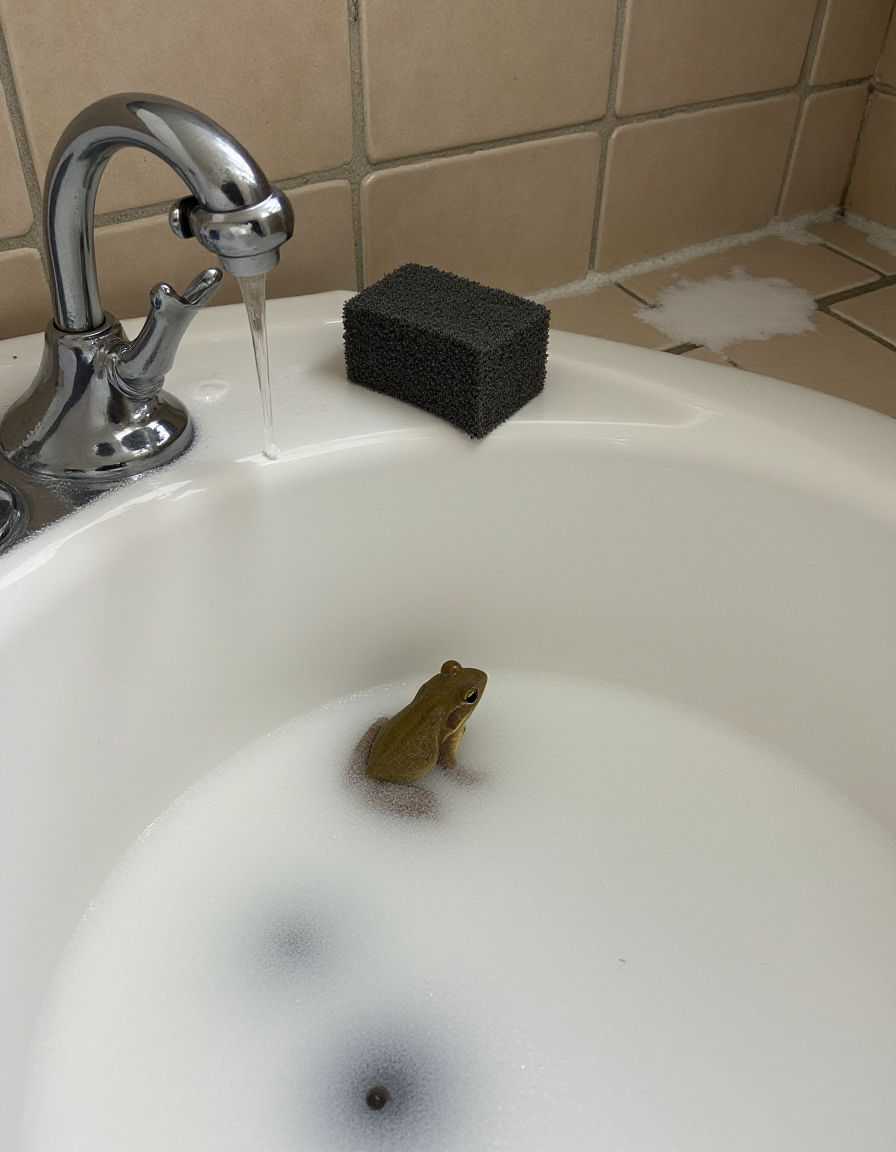 A photo of a kitchen sink with soap suds and a sponge resting on the edge. Water droplets cling to the faucet handle and surrounding tiles. A tiny frog can be seen bathing in the suds., <lora:amateurphoto-v5-14-15-1-1:0.4> <lora:Another_Amateur_Lora:0.4> <lora:Phlux:0.4> <lora:UltraRealistic_Lora_Project:0.4>