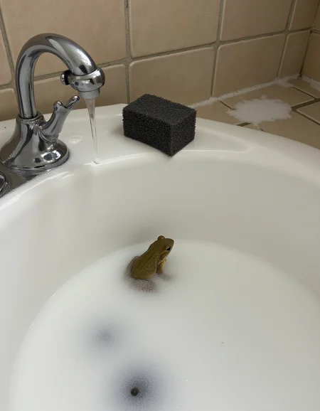 A photo of a kitchen sink with soap suds and a sponge resting on the edge. Water droplets cling to the faucet handle and surrounding tiles. A tiny frog can be seen bathing in the suds., <lora:amateurphoto-v5-14-15-1-1:0.4> <lora:Another_Amateur_Lora:0.4> <lora:Phlux:0.4> <lora:UltraRealistic_Lora_Project:0.4>
