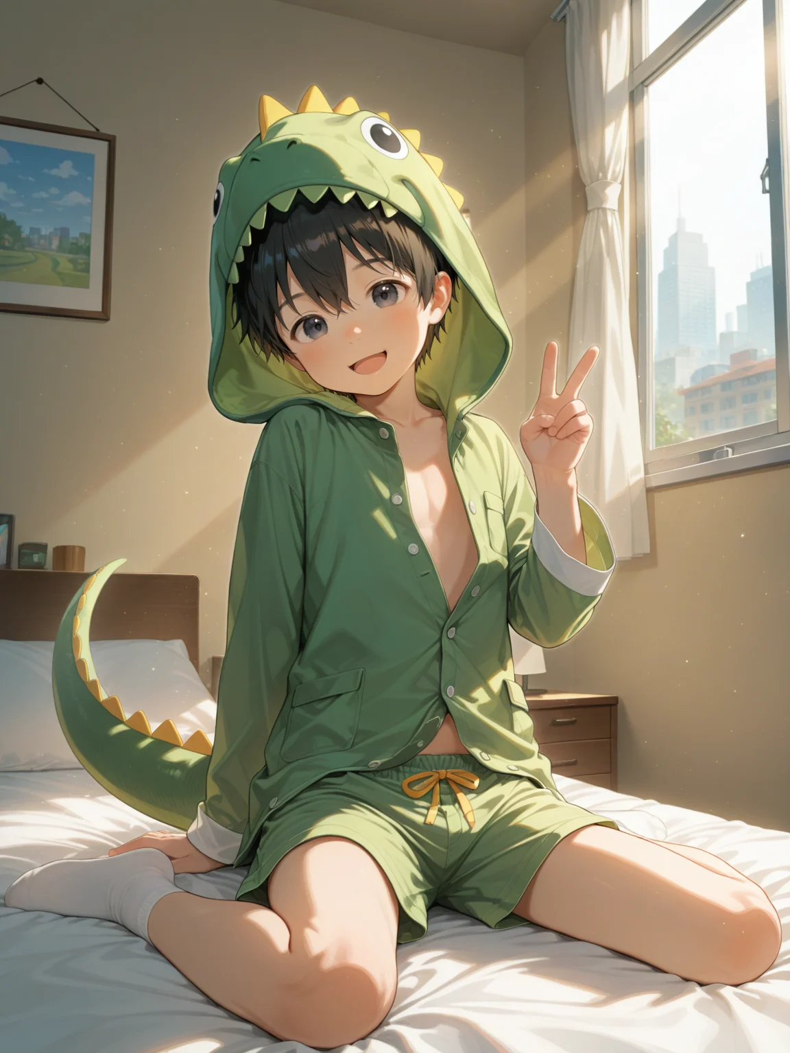 1boy,child,short hair,black hair,hair between eyes,black eyes,green dinosaur hood,open pajamas,shorts,white socks,wariza,arm support,v,looking at viewer,smile,open mouth,from below,bed,window,cityscape,sunlight,cinematic lighting,solo,male focus,IllusP0s,professional,flat color,outline,<lora:aidmaFLuxPro1.1_v0.3_IL:0.2>,<lora:noobaiXLNAIXL_epsilonPred11Version-lora:0.12>,<lora:best_of_ai_styles_noob-vpred-1.0_v1.337-edm2-pass-long:0.3>,<lora:akishottfinalrunner:0.75>,