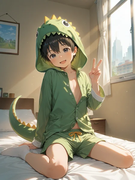 1boy,child,short hair,black hair,hair between eyes,black eyes,green dinosaur hood,open pajamas,shorts,white socks,wariza,arm support,v,looking at viewer,smile,open mouth,from below,bed,window,cityscape,sunlight,cinematic lighting,solo,male focus,IllusP0s,professional,flat color,outline,<lora:aidmaFLuxPro1.1_v0.3_IL:0.2>,<lora:noobaiXLNAIXL_epsilonPred11Version-lora:0.12>,<lora:best_of_ai_styles_noob-vpred-1.0_v1.337-edm2-pass-long:0.3>,<lora:akishottfinalrunner:0.75>,