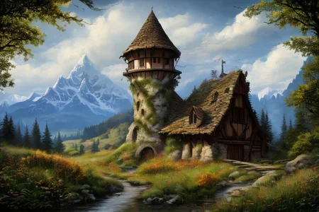 realistic analog photo, award winning photo, 
fantfa, background, mountain, stream, trees, foreground, field, house, farm, witow, a wizard watch tower,
high-quality, crisp, sharp, professional-grade, high-resolution, fine detail, accurate colors, low noise, fast shutter speed, wide dynamic range, precise focus, RAW, highres, 8k, uhd, High Dynamic Range, tonemapping, crisp details,