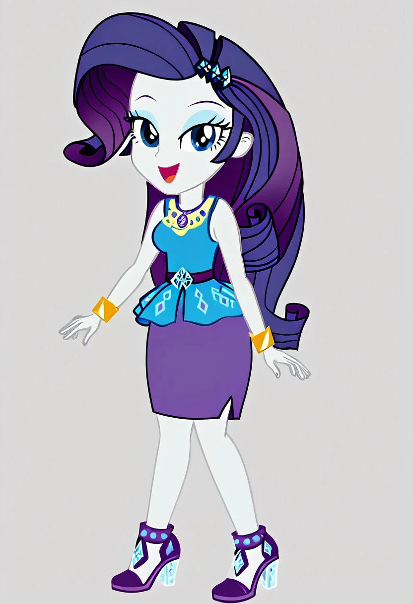(High Resolution), (More Details), (8K), (High Resolution), Rarity, equestria girls, 1 girl, rarity peplum dress, pencil skirt, purple skirt, shielding geode, Jewelry, bracelets, High heels, Full body, Sexy and sensual model body, pose, seductive and flirtatious look, beautiful, attractive, Mature body, big breasts,