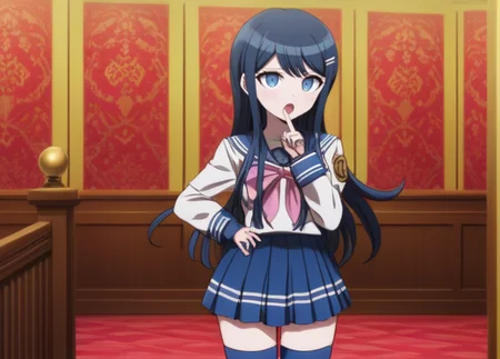 <lora:Sayaka_Maizono_SDXL:1>, (((blue socks))), This is an anime screencap from Danganronpa 3. (((blue socks))), Sayaka Maizono wearing her uniform from Danganronpa 1. She has her long blue hair down. She is wearing the white and blue Hope's Peak Academy uniform with a bright white top. Her sleeves reach her wrists. She's wearing a light pink ribbon. She has a short, pleated, blue skirt. Sayaka Maizono wears navy blue thigh-high socks. Her footwear is dark brown Mary Janes shoes. Sayaka Maizono is enacting a finger guns . Sayaka Maizono's expression is confused expression . Sayaka Maizono is interacting with this environment: Taken from men -- this morning -- Taken from men -- this morning -- Carried by men today -- Met by the Gods with banners -- Who marshalled her away -- One little maid -- from playmates -- One little mind from school -- There must be guests in Eden -- All the rooms are full -- Far -- as the East from Even -- Dim -- as the border star -- Courtiers quaint, in Kingdoms Our departed are.