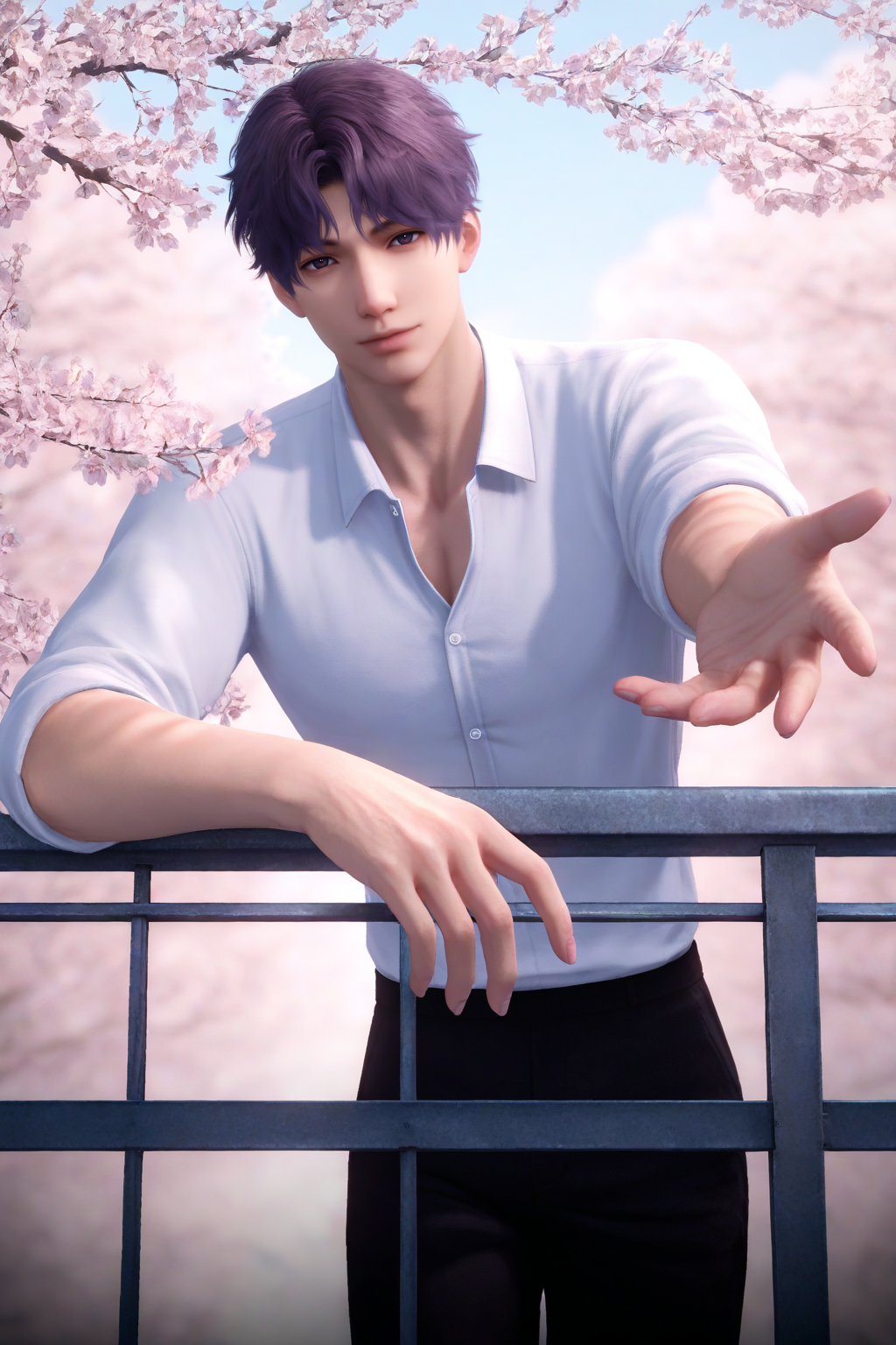 <lora:rafayel-NAI:0.7>,Rafayel, 1boy, male focus, solo, short hair, looking at viewer, shirt, white shirt, collared shirt, pants, black pants, cherry blossoms, outdoors, day, against railing, outstretched arm, railing, purple hair, yaoi,bara,male focus,very awa,masterpiece,best quality,amazing quality,nsfw,uncersored,highres,best quality,amazing quality,best aesthetic,absurdres,