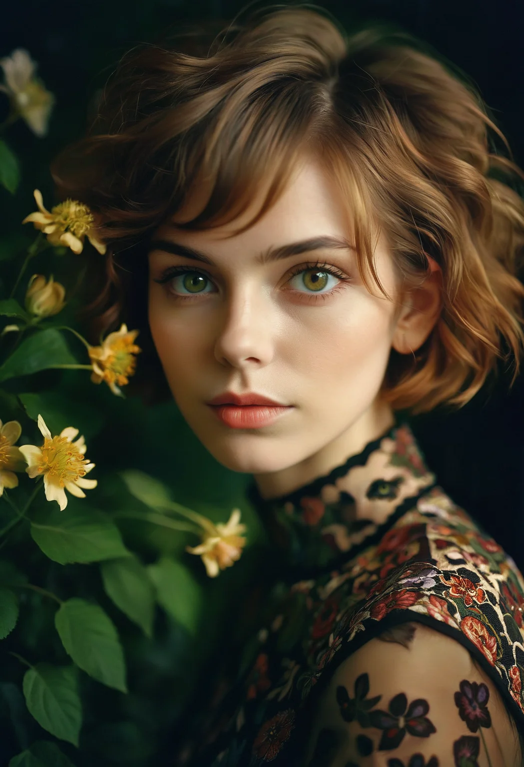 RAW Photography, a beautiful lady, short light brown hair, creative hairdo, beautiful hazel green eyes, imaginative use of floral patterns, she is very creative and a sensitive soul, a muse, vulnerable, fashion shoot, intricate details, 8k, masterpiece, dynamic play of light, deep darks, rich emotive colors, 35mm photograph, kodachrome, dust particles caught in the light