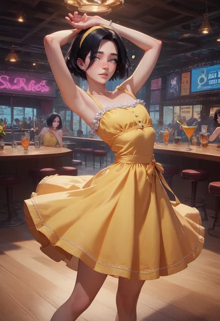 score_9, score_8_up, score_7_up, 1boy, femboy, otoko no ko, short hair, bob cut hair, black hair, grey eyes, gray eyes, feminine face, toned body, Shelly, cute sundress, yellow sundress, frills, bare shoulders, yellow hairband, bare neck, highly detailed, intricate, zzCitronCAT, drunk, dancing, arms up, crowded dance floor, outdoor bar, clear skies, sunny, sun, party, concept art, realistic