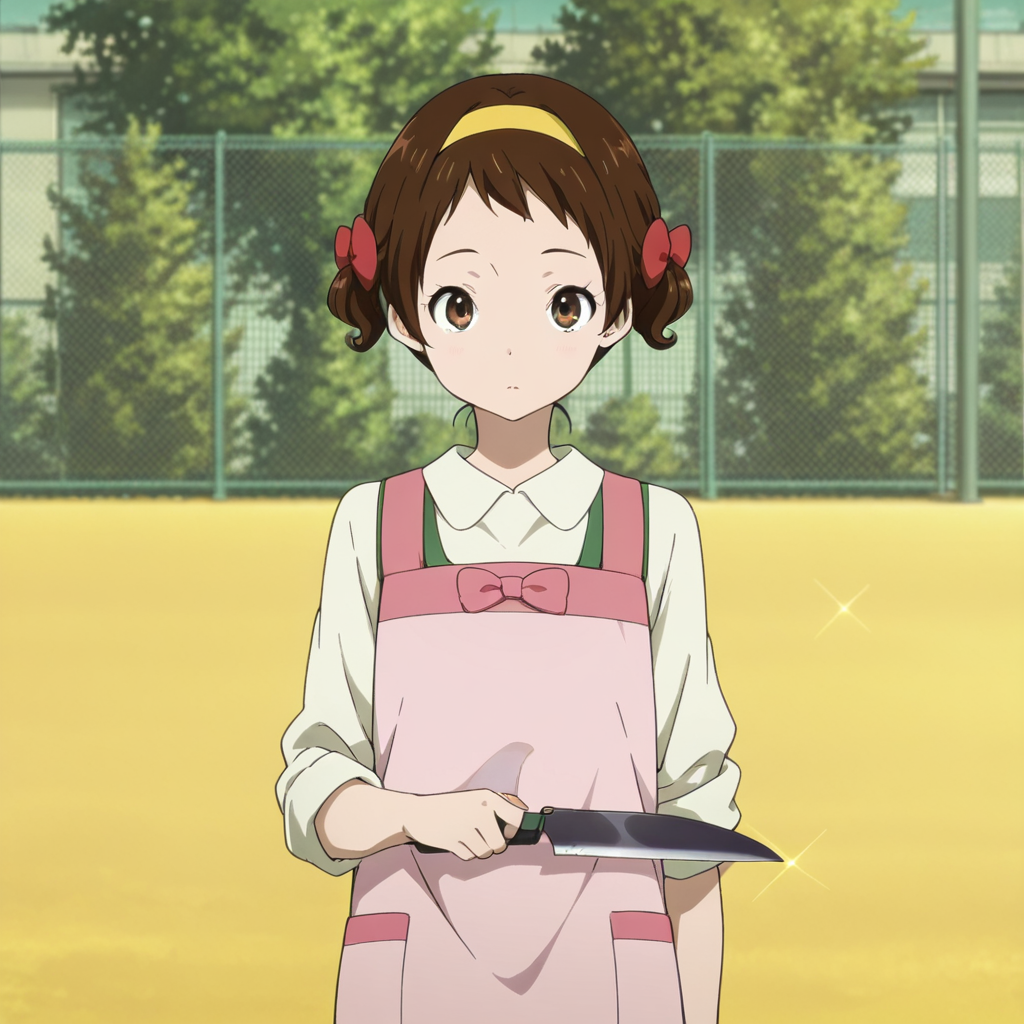 masterpiece, best quality, amazing quality, 1girl, solo, kotenbu_series_lbara_mayaka, brown hair, short hair, brown eyes, holding, holding knife, hairband, twintails, fence, apron, bow, school uniform, short twintails, looking at viewer, <lora:Ibara_Mayaka_-_Kotenbu_Series:0.7>