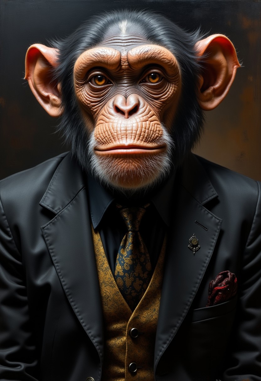 hyper detailed masterful traditional oil painting  closeup portrait of a grizzled old chimp wearing a black suit jacket, dark shadows, visible brushstrokes, atmospheric haze, limited palette, low key, highly dramatic lighting, gritty, grungy