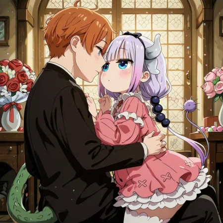 nsfw, highres, best quality, masterpiece, masterpiece, absurdres, newest, perfect quality, best quality, absolutely eye-catching, couple, 1boy, 1girl, couple, romance, hetero, looking at another, imminent kiss, blushing, \(holding bouquet of roses\), suit, red dress, detailed background, indoors, valentine's day, cinematic lighting, vibrant colors, close up, Kanna Kamui, White-lavender hair, Hair styled into odango, Blue eyes, Pale skin, Gothic ta style clothing, White frills, Chubby cheeks, Small horns, Dragon tail, White stockings, Kanna Kamui