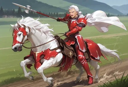 masterpiece,extreme detailed,SmoothNoob_Quality,day,outdoors,field,full body BREAK jagen_(fe),1boy,white hair,blue eyes,old man,red armor,cape,spikes,<lora:jagen_(fe)-IL:1>,holding polearm,<lora:NOOB_vp1_detailer_by_volnovik_v1:1>,Cavalier,white horse,horseback riding,<lora:cavaliar-IL:1>,fighting stance,charging forward,open mouth,