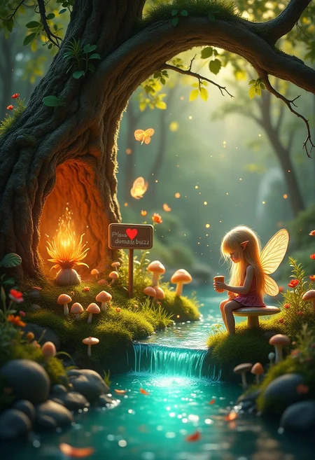 Hidden world inside of a hollow tree, a tiny fairy elf with long blonde hair sits on a mushroom outside, holding a sign with text "Please donate buzz" with a red heart, miniature creatures sit around her as she stares in a clear river, glowing flora and fauna, dynamic lighting, ultra HD